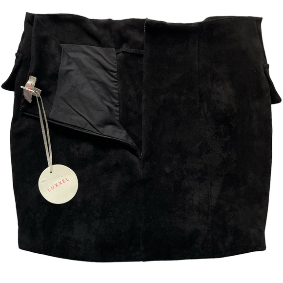 LUXXEL Womens Medium Mini Skirt Faux Suede Black Leather Lace Up Flap Pockets - Picture 4 of 9